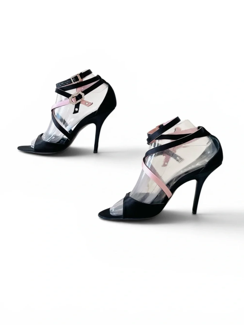 Dior black and pink satin strappy sandals with rhinestone buckle 38
